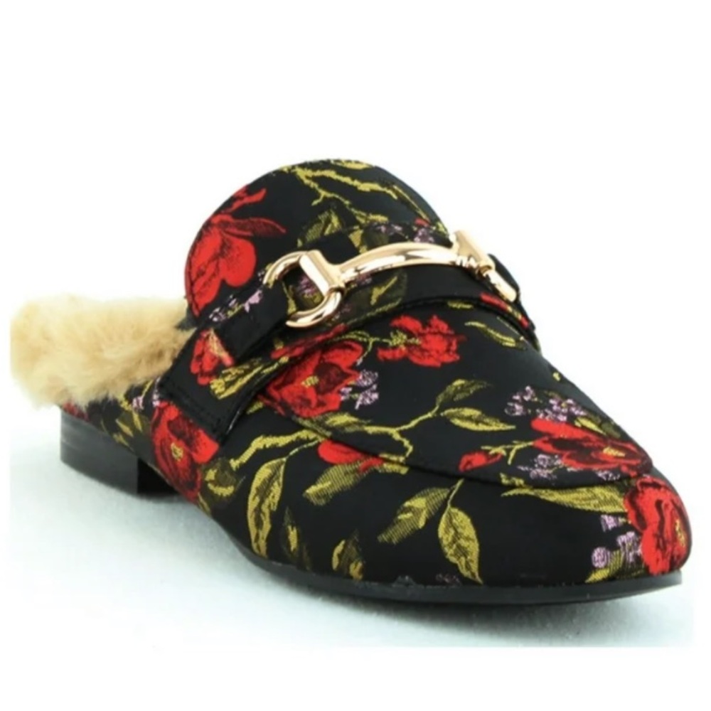 NEW Steve Madden Jill Red Floral Fabric Fur Lined Slipper Flat Shoes
